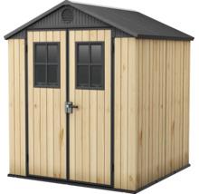Gartenhaus mit Doppeltür und Fenstern, Holzoptik, mit Satteldach für den Außenbereich.
