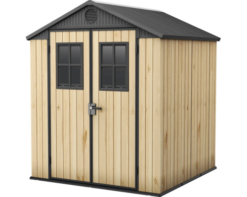 Gartenhaus mit Doppeltür und Fenstern, Holzoptik, mit Satteldach für den Außenbereich.