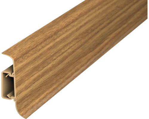 Sockelleiste mit Holzoptik Oberfläche und integriertem Kabelkanal für Bodenbeläge