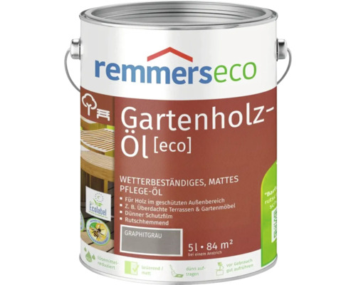 Remmers eco Gartenholz-Öl in Graphitgrau, 5 Liter Dose für wetterbeständige Holzpflege im geschützten Außenbereich.