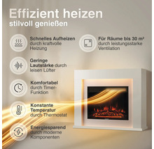 Elektrokamin mit Leistungsmerkmalen wie Heizfunktion, Timer, Thermostat und leiser Lüftung für Räume bis 30 Quadratmeter.