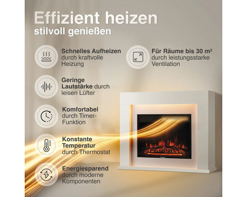 Elektrokamin mit Leistungsmerkmalen wie Heizfunktion, Timer, Thermostat und leiser Lüftung für Räume bis 30 Quadratmeter.