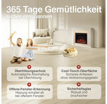 Wohnzimmer mit elektrischem Kamin, Kindern und Hund. Grafiken zeigen Sicherheitsfunktionen wie Überhitzungsschutz, Cool-Touch-Oberfläche und mehr.