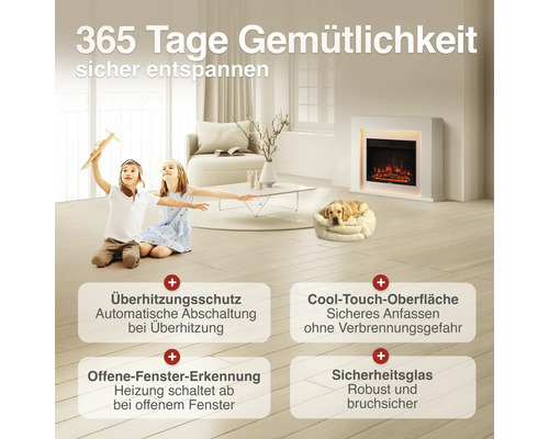 Wohnzimmer mit elektrischem Kamin, Kindern und Hund. Grafiken zeigen Sicherheitsfunktionen wie Überhitzungsschutz, Cool-Touch-Oberfläche und mehr.