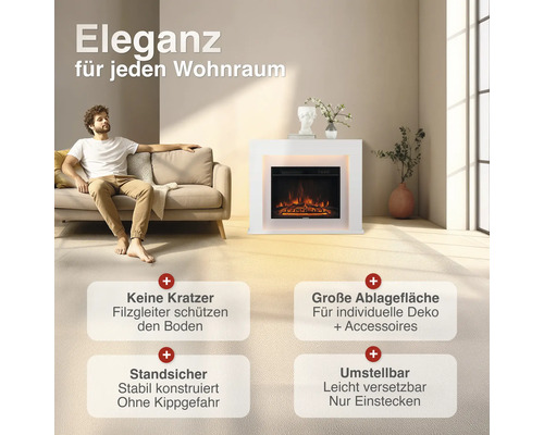 Ein moderner Elektrokamin in einem Wohnzimmer mit einem Mann auf dem Sofa sowie Infoboxen zu Bodenschutz Filzgleitern Ablagefläche und Stabilität.