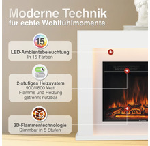 Elektrokamin mit LED Ambientebeleuchtung, 1800 Watt Heizsystem und 3D Flammeneffekt in einem modernen Gehäuse.