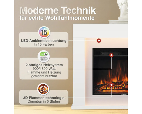 Elektrokamin mit LED Ambientebeleuchtung, 1800 Watt Heizsystem und 3D Flammeneffekt in einem modernen Gehäuse.