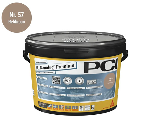 PCI Nanofug Premium Flexfugenmörtel in Rehbraun im Eimer für Fliesen und Naturstein.