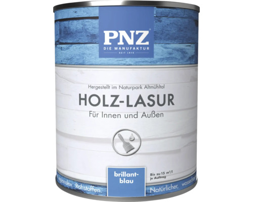 PNZ Holzlasur brillantblau für Innen und Außen, 1 Liter Dose für Holzschutz auf Wasserbasis