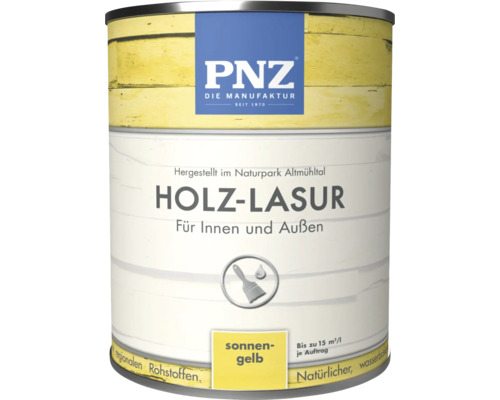 Dose PNZ Holzlasur für innen und außen in sonnengelb mit 15 Quadratmeter Ergiebigkeit pro Liter.