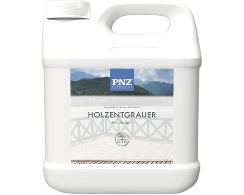 PNZ Holzentgrauer zur Reinigung und Auffrischung von vergrautem Holz im Außenbereich in einer Kunststoffflasche.