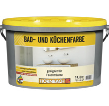 HORNBACH Bad- und Küchenfarbe in einem 10 Liter Eimer, geeignet für Feuchträume, mit Schimmelschutz und tropfgehemmter Formel.