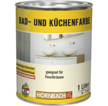 Eine Dose Hornbach Bad- und Küchenfarbe mit 1 Liter Inhalt für feuchte Räume inklusive Schimmelschutz.