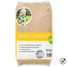 Sack mit 25 Kilogramm gewaschenem Spielsand für Sandkästen, geprüft nach DIN 18034, 100 Prozent Naturprodukt, hergestellt in Deutschland. (Image AI modified or generated)