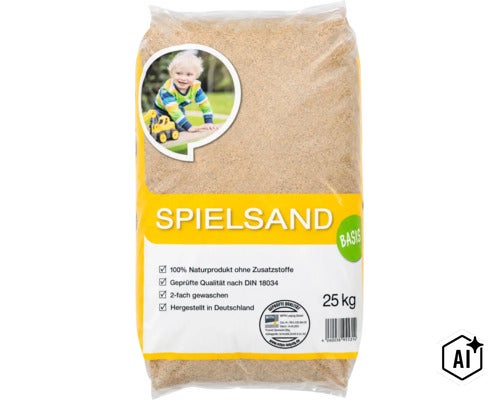 Sack mit 25 Kilogramm gewaschenem Spielsand für Sandkästen, geprüft nach DIN 18034, 100 Prozent Naturprodukt, hergestellt in Deutschland. (Image AI modified or generated)