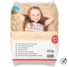 Sack mit 25 Kilogramm feinem Spielsand aus natürlichem Quarzsand, feuergetrocknet und mehrfach gesiebt für den Sandkasten. (Image AI modified or generated)