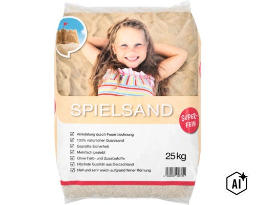 Sack mit 25 Kilogramm feinem Spielsand aus natürlichem Quarzsand, feuergetrocknet und mehrfach gesiebt für den Sandkasten. (Image AI modified or generated)