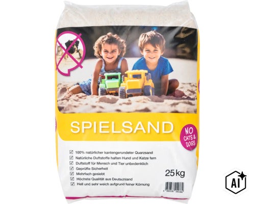Sack mit 25 Kilogramm Spielsand aus natürlichem Quarzsand für Sandkästen, abgerundete Körnung, schützt vor Verunreinigung durch Tiere. (Image AI modified or generated)
