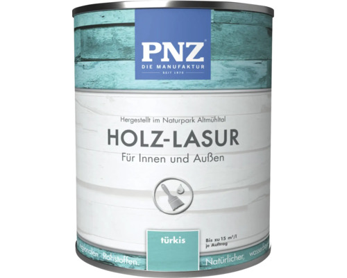 Eine Dose PNZ Holzlasur für Innen und Außen in Türkis auf Wasserbasis für Holzoberflächen.