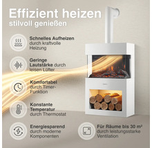 Moderner elektrischer Wandkamin mit integrierter Heizfunktion und Kaminfeuereffekt mit Dekoholzfach für Räume bis zu 30 Quadratmeter.