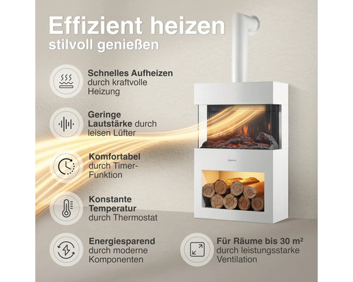 Moderner elektrischer Wandkamin mit integrierter Heizfunktion und Kaminfeuereffekt mit Dekoholzfach für Räume bis zu 30 Quadratmeter.