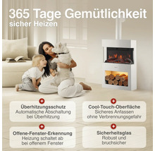 Elektrischer Kamin in modernem Design mit Sicherheitsmerkmalen wie Überhitzungsschutz, Cool Touch Oberfläche und automatischer Fenstererkennung.