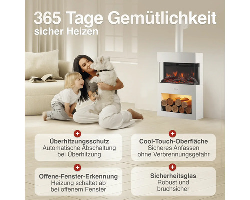 Elektrischer Kamin in modernem Design mit Sicherheitsmerkmalen wie Überhitzungsschutz, Cool Touch Oberfläche und automatischer Fenstererkennung.