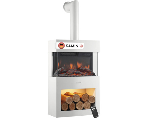 Elektrischer Kamin von Kamini mit Kaminrohr und integriertem Holzfach inklusive Fernbedienung