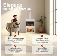 Elektrischer Kamin mit Ofenrohr und Holzablagefach in einem hellen Wohnraum mit einem Mann im Sessel.