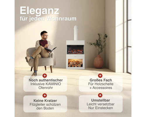Elektrischer Kamin mit Ofenrohr und Holzablagefach in einem hellen Wohnraum mit einem Mann im Sessel.