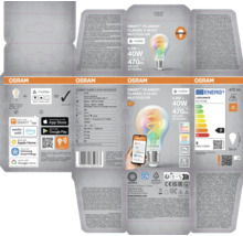 Produktverpackung der Osram Smart Filament Classic A 40 E27 LED Lampe mit Matter Technologie, RGBW und App Steuerung.
