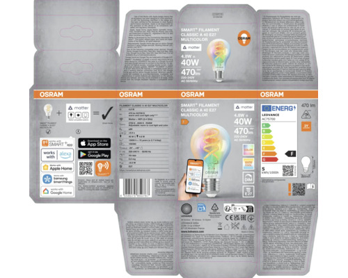 Produktverpackung der Osram Smart Filament Classic A 40 E27 LED Lampe mit Matter Technologie, RGBW und App Steuerung.