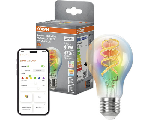 Osram Smart Plus Filament LED Lampe E27 mit Multicolor Funktion und Matter Standard inklusive App Steuerung und Produktverpackung