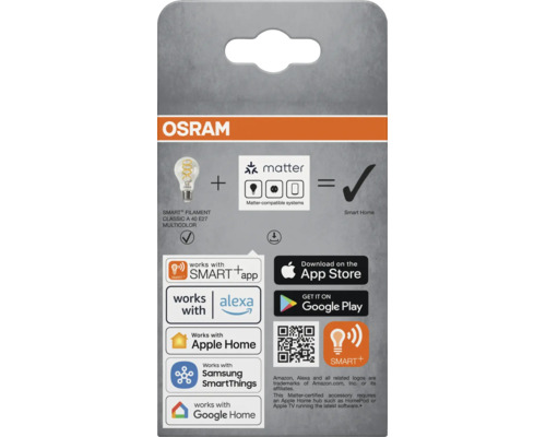 OSRAM SMART Plus Filament Classic A E27 LED Lampe mit Matter Unterstützung und Smart Home Integration für Sprachsteuerung und App Bedienung.