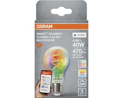 Osram Smart Plus Filament LED Lampe Classic A E27 4,8 Watt 470 Lumen multicolor smart steuerbar für Smart Home Systeme in Produktverpackung