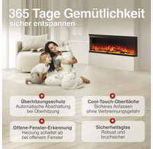 Wohnraum mit Frau, Kind und Hund vor einem Elektrokamin mit Sicherheitsfunktionen wie Überhitzungsschutz, Cool-Touch-Oberfläche und Sicherheitsglas.