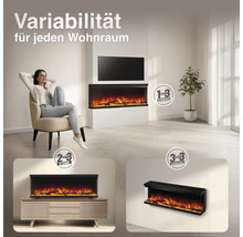 Elektrokamin mit drei Montageoptionen: Einbau, Standkamin auf einem Möbelstück oder Wandmontage für ein modernes Wohnzimmer.