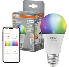 Osram Smart Plus LED Lampe E27 mit Multicolor Funktion in Verpackung mit Smartphone App Darstellung