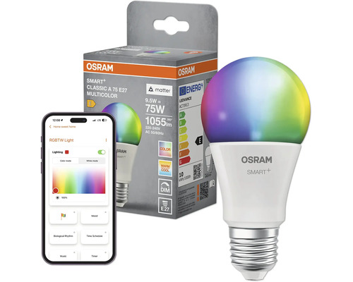 Osram Smart Plus LED Lampe E27 mit Multicolor Funktion in Verpackung mit Smartphone App Darstellung