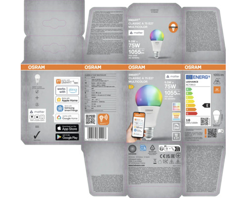 Osram Smart Plus Classic A75 E27 Multicolor LED Lampe 9,5 Watt mit Matter Standard, 1055 Lumen, dimmbar, steuerbar über App und Smart Home System.