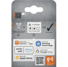 Informationstafel fuer Smart Home LED Leuchtmittel mit Matter Unterstuetzung und Kompatibilitaetsuebersicht verschiedener Smarthome Systeme.