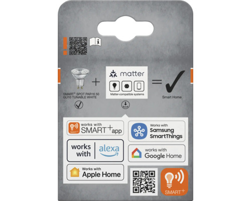 Informationstafel fuer Smart Home LED Leuchtmittel mit Matter Unterstuetzung und Kompatibilitaetsuebersicht verschiedener Smarthome Systeme.