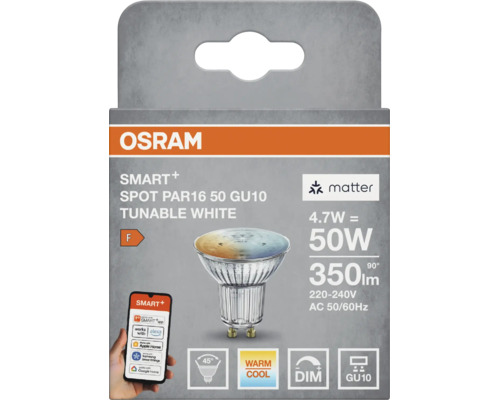 Osram Smart Plus LED Spot PAR16 50 GU10, 4,7 Watt, dimmbar, Tunable White, mit Matter Unterstuetzung in der Verkaufsverpackung.