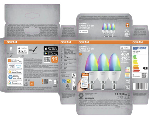 Osram Smart Classic B 40 E14 Multicolour LED Lampe mit Verpackung, kompatibel mit Matter und verschiedenen Smart Home Systemen.