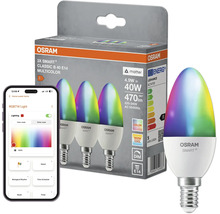 Drei Osram Smart Plus LED Lampen mit E14 Fassung, dimmbar und steuerbar per App, für mehrfarbiges Licht, 4,9 Watt Leistung.
