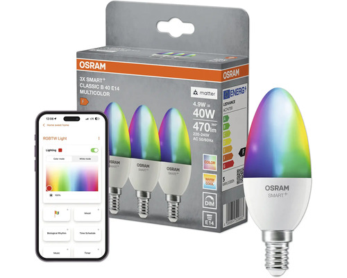 Drei Osram Smart Plus LED Lampen mit E14 Fassung, dimmbar und steuerbar per App, für mehrfarbiges Licht, 4,9 Watt Leistung.