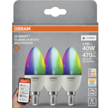 Drei Osram Smart Plus Classic B E14 LED Lampen, 4,9 Watt, 470 Lumen, Multicolor, steuerbar via App, kompatibel mit Smart Home Systemen.