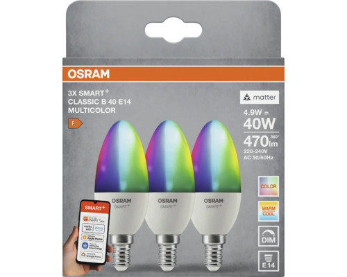 Drei Osram Smart Plus Classic B E14 LED Lampen, 4,9 Watt, 470 Lumen, Multicolor, steuerbar via App, kompatibel mit Smart Home Systemen.