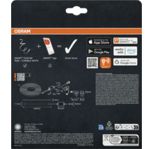 Rückseite der Verpackung für Osram Smart Plus LED Flexband mit technischen Informationen, Montageanleitung und Kompatibilitätssymbolen.