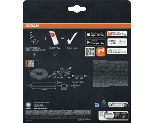 Rückseite der Verpackung für Osram Smart Plus LED Flexband mit technischen Informationen, Montageanleitung und Kompatibilitätssymbolen.